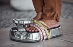 Feet, tape measure and person on scale in home to check body to lose weight. Balance, foot and measurement of results for wellness, diet and fitness, nutrition and health after exercise or training