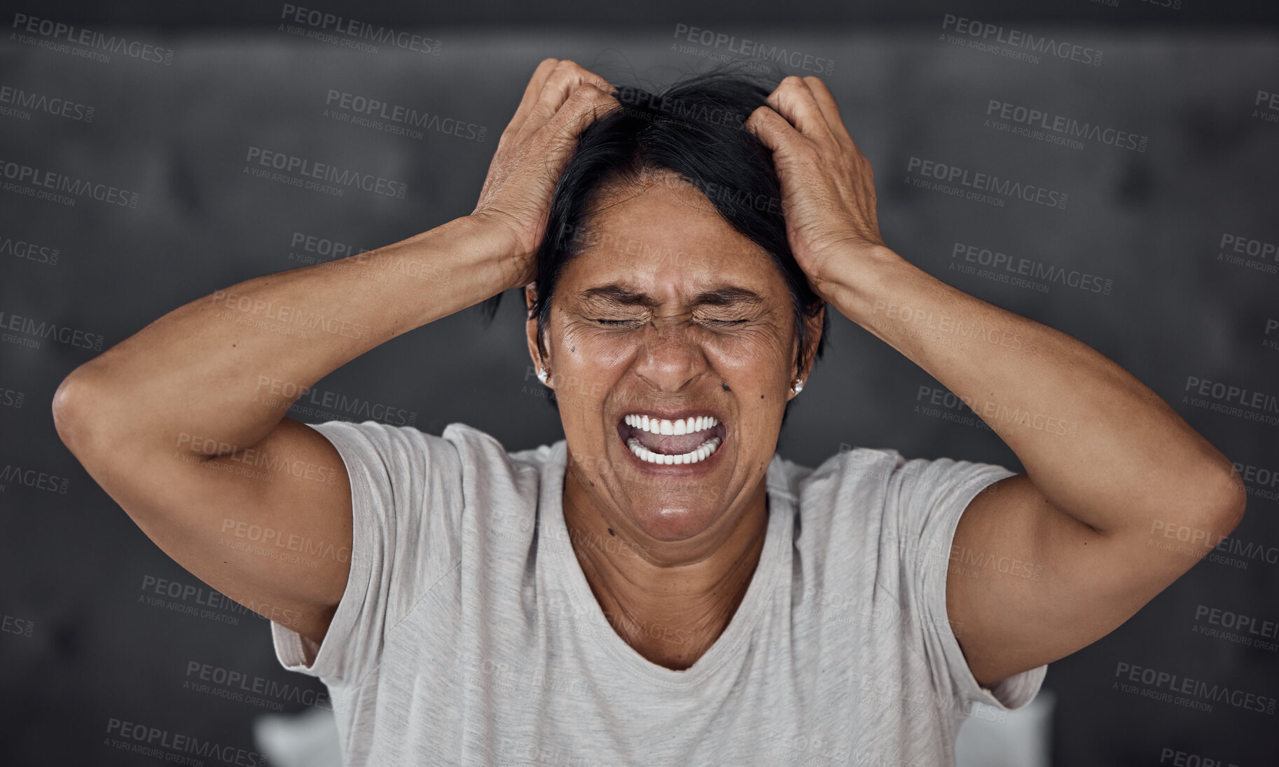 Buy stock photo Shouting, stress and elderly woman in bed with insomnia, vertigo or menopause in her home. Screaming, headache and senior lady frustrated with anxiety, depression or mental health crisis in bedroom 