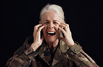 Soldier portrait, scream and senior woman with PTSD trauma, anxiety or mental health problem from military service. Army crisis, survivor's guilt and studio face of elderly person on black background