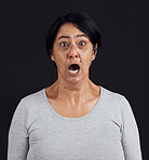 Portrait, screaming and senior woman with anxiety, shocked or fear with mental health, depression or stress, Face, elderly lady or model with depression, anger or retirement on dark studio background