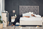 Sleeping, bed and black woman with depression, burnout or anxiety from broken heart or divorce at home. Sad, insomnia or tired person worried by stress or disaster of death or frustrated by problem