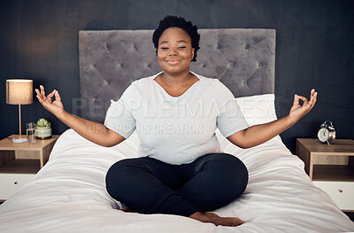 Buy stock photo Yoga, lotus and portrait of black woman on bed for meditation, mindfulness or exercise. Pilates, workout or person in bedroom for zen, relax and plus size body for health, wellness or fitness at home