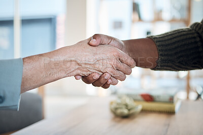 Buy stock photo People, handshake and meeting for counseling support, thank you and welcome or introduction to therapy. Therapist shaking hands with patient or client for hello, consulting or agreement in psychology