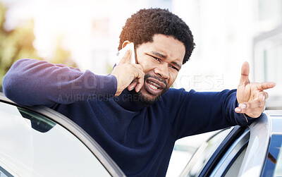 Buy stock photo Phone call, vehicle breakdown and a frustrated black man talking to roadside assistance with an issue or problem. Car, insurance and travel with a male client speaking on his mobile in the city