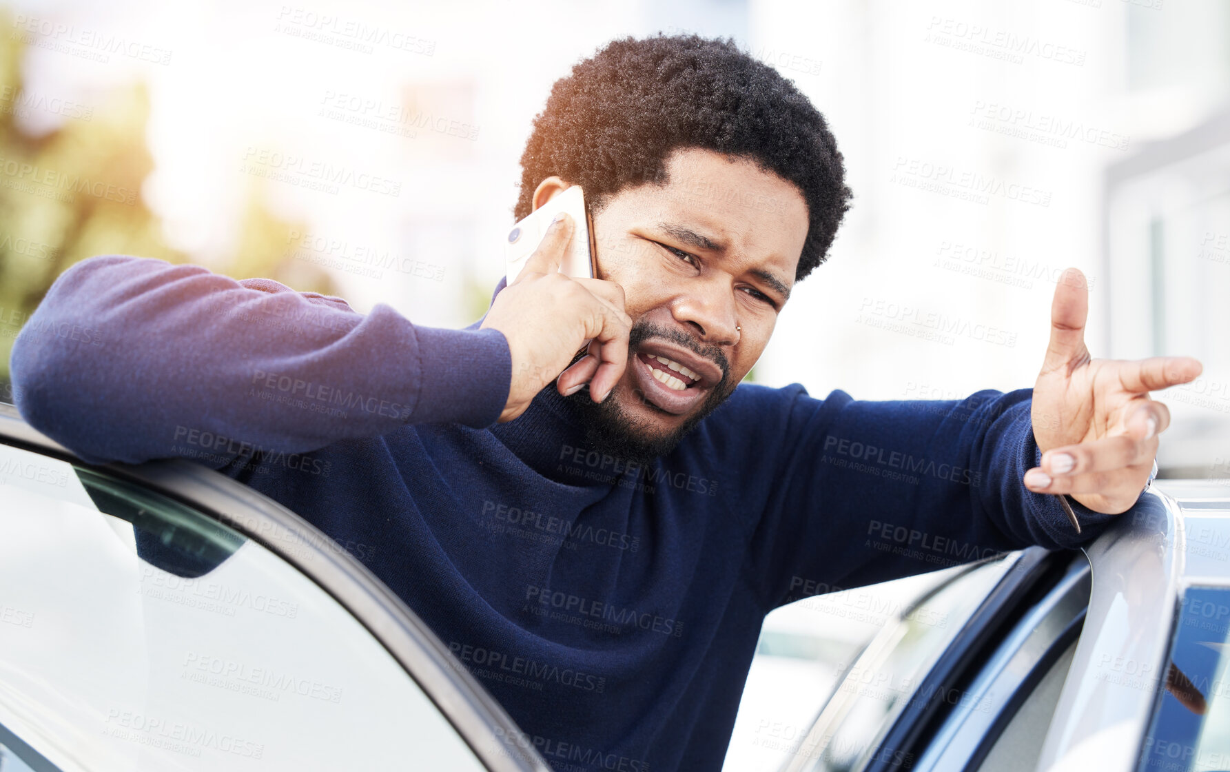 Buy stock photo Phone call, vehicle breakdown and a frustrated black man talking to roadside assistance with an issue or problem. Car, insurance and travel with a male client speaking on his mobile in the city