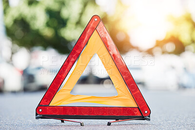 Buy stock photo Red triangle, road sign and stop for emergency, construction or symbol for caution to driver on the ground, floor or street. Attention, warning and signal to traffic of an accident or problem