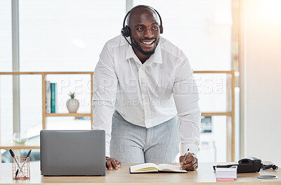 Buy stock photo Man, call center and writing, thinking or planning communication, telemarketing sales and customer support. Notes, schedule and consultant or african person for virtual discussion, ideas and computer