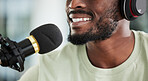 Microphone, headphones and man on podcast, closeup and media broadcast with web radio host. Streaming, influencer or content creator with mic, internet recording and networking with love streaming