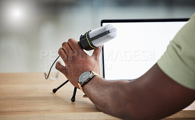 Buy stock photo Microphone, laptop screen and mockup with hand of person for live streaming, radio and speaker. Social media, influencer and communication with closeup of man for podcast, digital and content creator