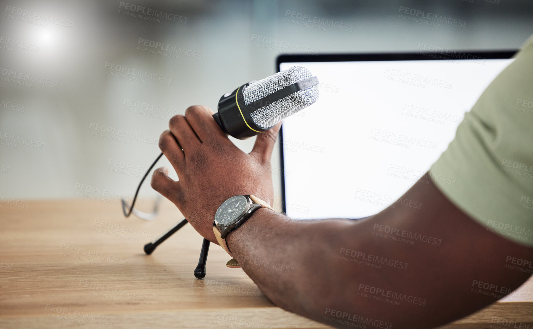 Buy stock photo Microphone, laptop screen and mockup with hand of person for live streaming, radio and speaker. Social media, influencer and communication with closeup of man for podcast, digital and content creator