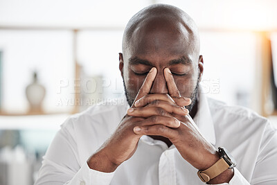 Buy stock photo Business man, headache and stress or frustrated in office for financial taxes, mistake and problem with debt or crisis. Angry, fatigue or tired professional accountant, worker or african person pain