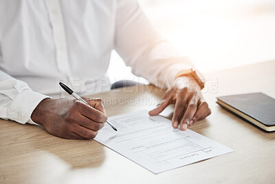 Buy stock photo Closeup, business and man with a document, writing and insurance with a pen, planning and form. Zoom, person and professional with paperwork, contract or investment with a report, signing and hands