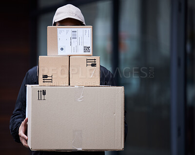 Buy stock photo Delivery guy package, shipping boxes and export employee with courier service, commerce or regulations. Logistics, man or supply chain with a worker with distribution, online shopping or mail service