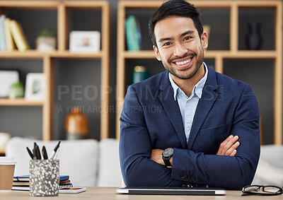 Buy stock photo Portrait, business and Asian man with arms crossed, happy and tablet with career, financial adviser or smile. Face, male person or employee in a modern office, professional or accountant with success