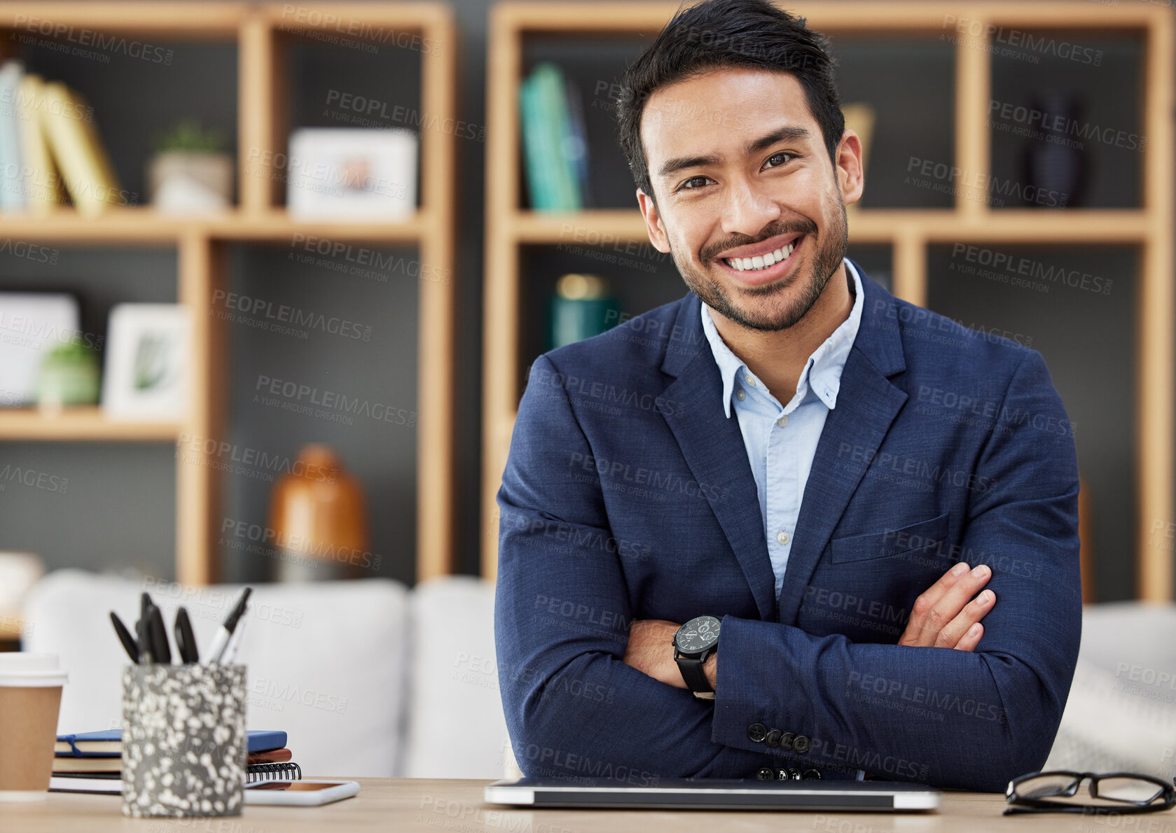 Buy stock photo Portrait, business and Asian man with arms crossed, happy and tablet with career, financial adviser or smile. Face, male person or employee in a modern office, professional or accountant with success