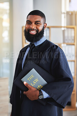 Buy stock photo Happy, man and portrait with a book on the law, rules or research on legal constitution, regulation or policy from government. African businessman, lawyer or attorney with knowledge of justice