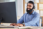 Call center, computer and business man, consultant or agent speaking, typing and customer services or support. Online sales, financial advisor or african person communication or contact us on desktop
