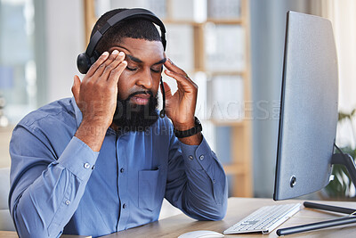 Buy stock photo Business man, headache and call center stress, pain or communication mistake, error and sales crisis. Agent, consultant or african person on computer with brain fog, memory or telemarketing fail