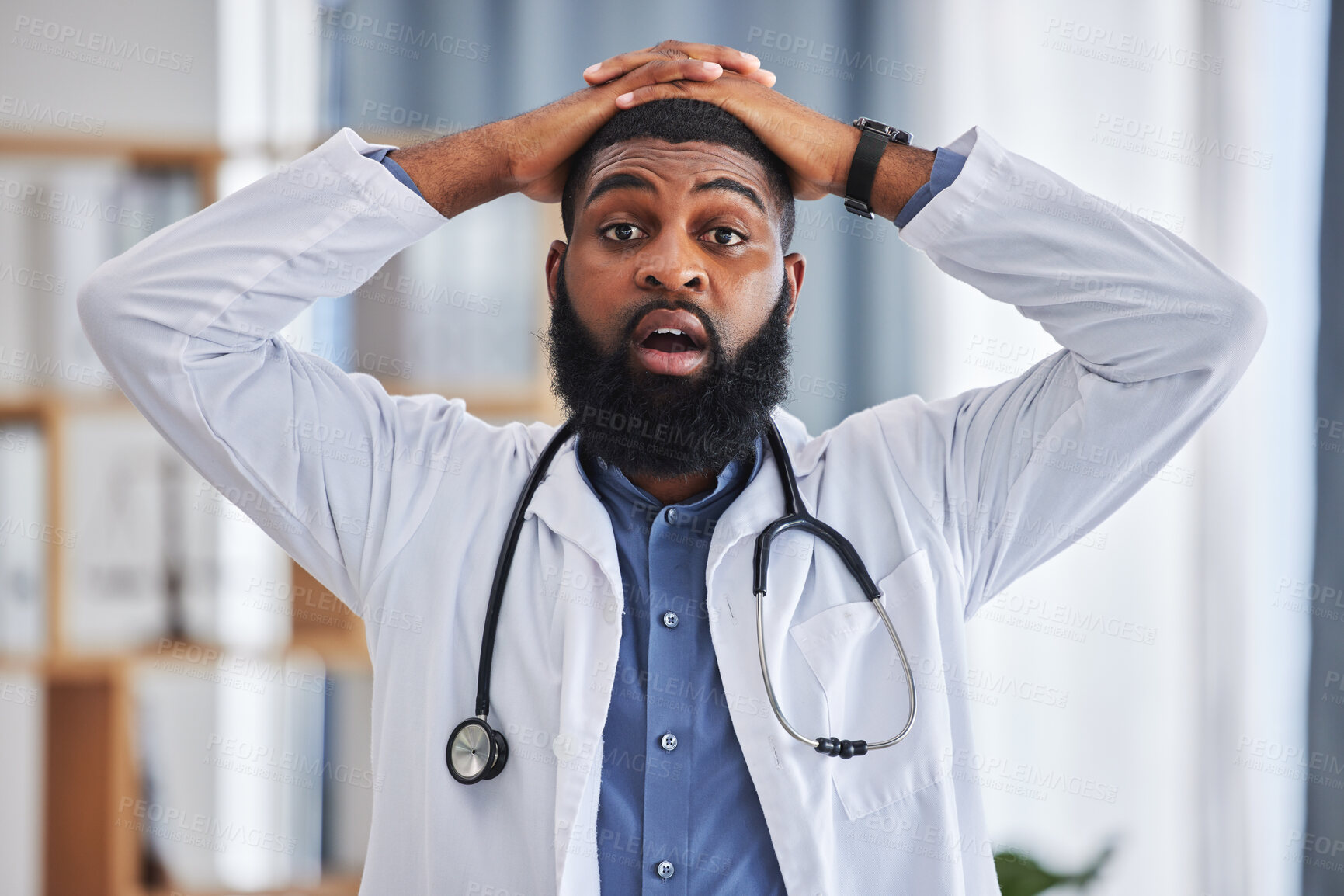 Buy stock photo Black man, portrait and shocked doctor in hospital after announcement, gossip or bad news. Omg, wow and disappointed medical worker with hands on head for surprise  or healthcare results in clinic  
