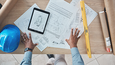 Buy stock photo Architecture, person hands and blueprint planning, construction design and renovation on desk above. Engineering paper, floor plan and project management sketch or drawing tools on digital technology