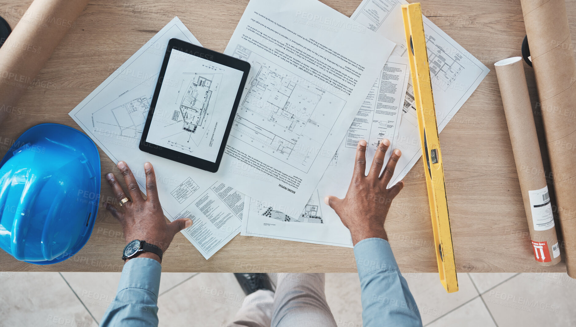 Buy stock photo Architecture, person hands and blueprint planning, construction design and renovation on desk above. Engineering paper, floor plan and project management sketch or drawing tools on digital technology