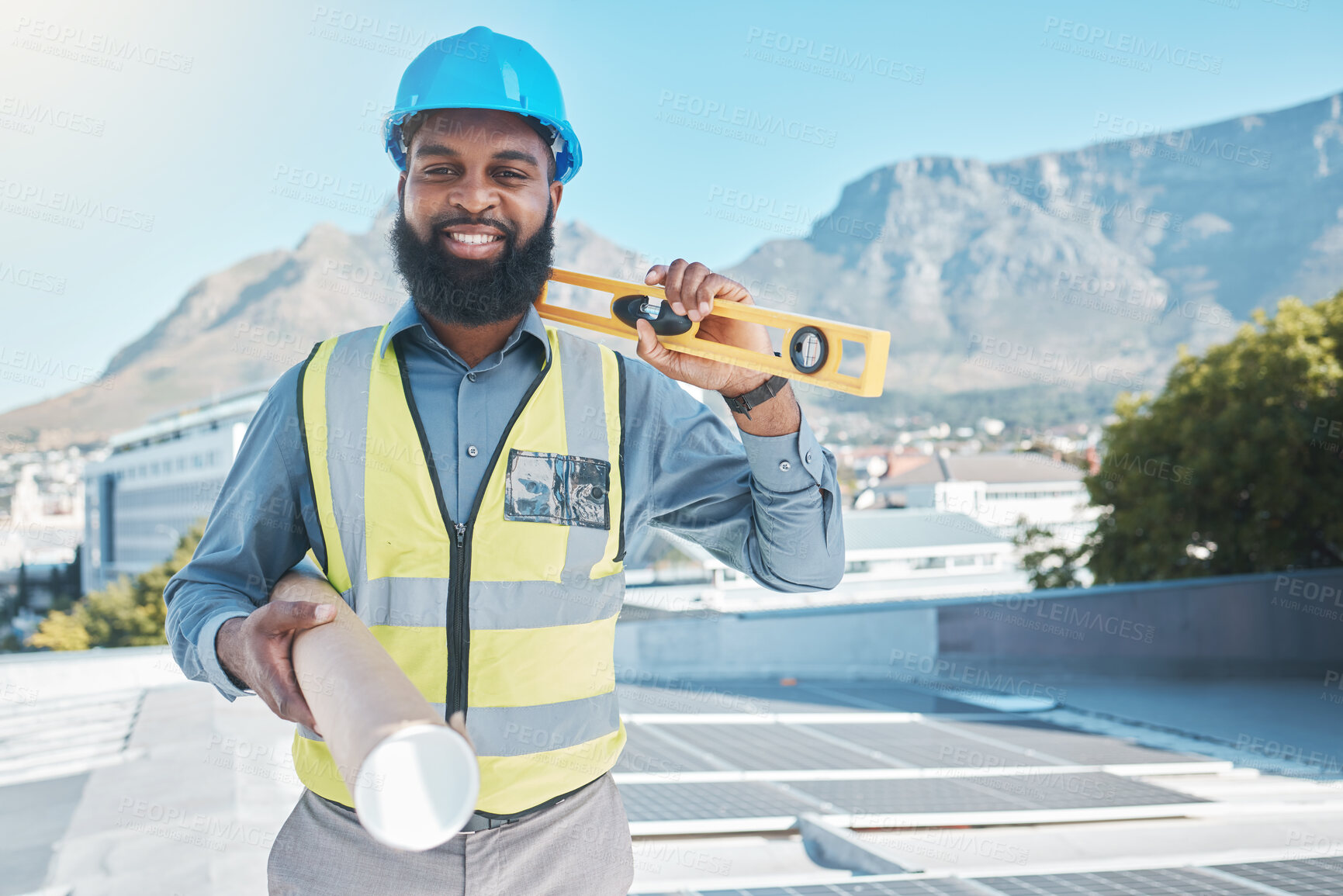 Buy stock photo Man, portrait and architecture blueprint for solar energy, construction and project management in Cape Town. Happy african builder, civil engineering and tools with floor plan of photovoltaic grid