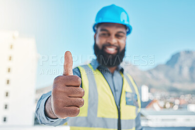 Buy stock photo Man, engineering portrait and thumbs up for city development, construction goals and like, yes or support sign. Architecture person, worker or contractor success, safety gear and ok or good job emoji