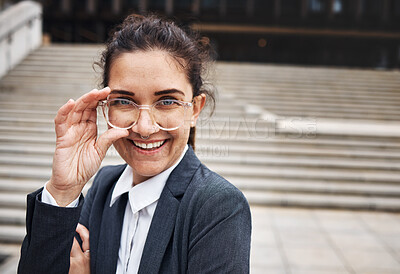 Buy stock photo Portrait, corporate and woman in a city, glasses and happiness with success, career and business. Face, female person or finance consultant outdoor, eyewear or smile with clear vision or professional