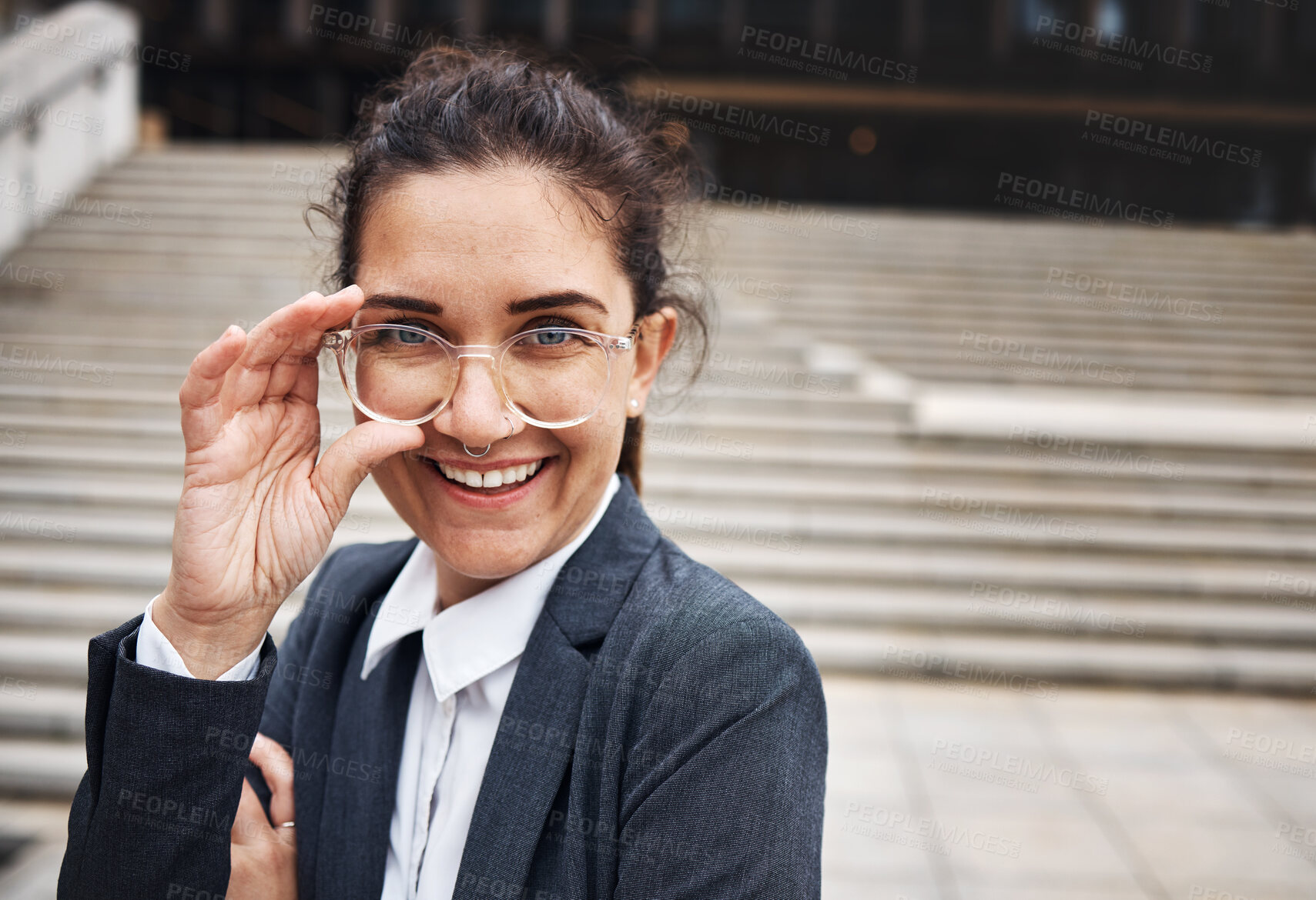 Buy stock photo Portrait, corporate and woman in a city, glasses and happiness with success, career and business. Face, female person or finance consultant outdoor, eyewear or smile with clear vision or professional