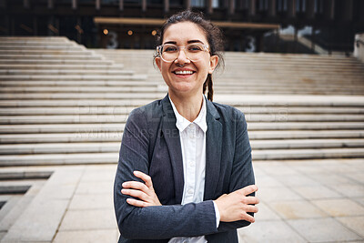 Buy stock photo Business woman, portrait and arms crossed outdoor with a smile and job pride for work. City, entrepreneur and work commute travel with a professional and female person from New York in urban town