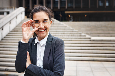 Buy stock photo Portrait, business and woman in a city, glasses and happiness with travel, success or corporate. Face, female person or lawyer outdoor, eyewear or smile with clear vision, empowerment or professional