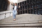 Business woman, job stairs and outdoor with work commute, coffee and worker in the city. Urban town, female lawyer and steps to company with travel and professional in morning with employee walk