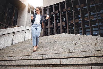 Buy stock photo Business woman, job stairs and phone with work commute, coffee and worker in city. Urban town, female lawyer and steps to company with mobile networking and professional in morning with employee walk