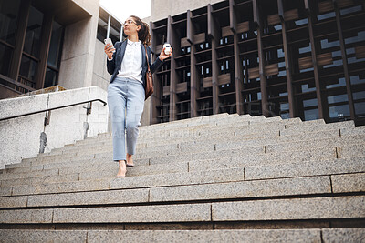 Buy stock photo Walking, phone and business woman on stairs with coffee for morning commute, journey and travel. Professional, city and female person with drink and smartphone for career, work and job in urban town