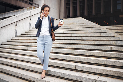 Buy stock photo Stairs, city phone call and business woman walk, travel and talking on cellphone communication, discussion or chat. Smartphone, coffee break and urban person leave office building on staircase steps