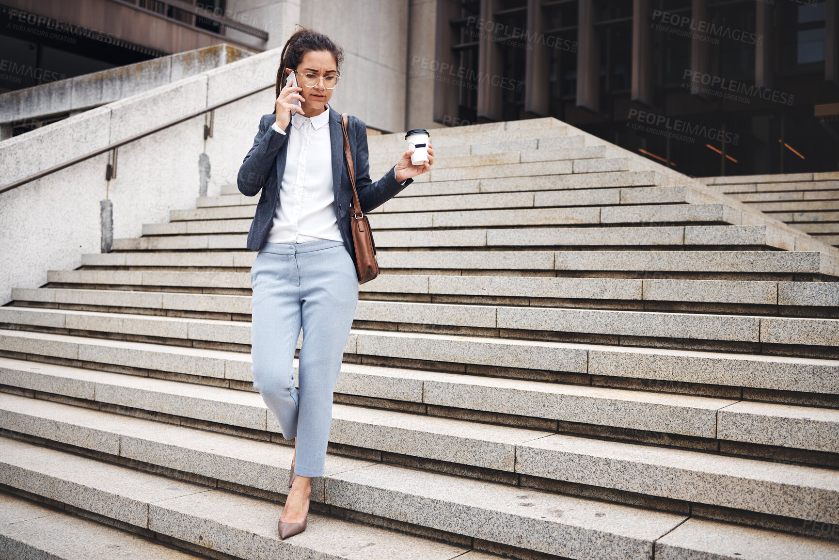 Buy stock photo Stairs, city phone call and business woman walk, travel and talking on cellphone communication, discussion or chat. Smartphone, coffee break and urban person leave office building on staircase steps