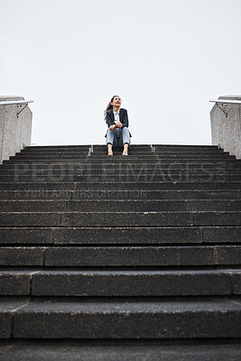 Buy stock photo Business woman, city stairs and thinking with sitting, vision and ideas for future, career and mockup space. Entrepreneur, dream and brainstorming with choice, decision and mindset from low angle
