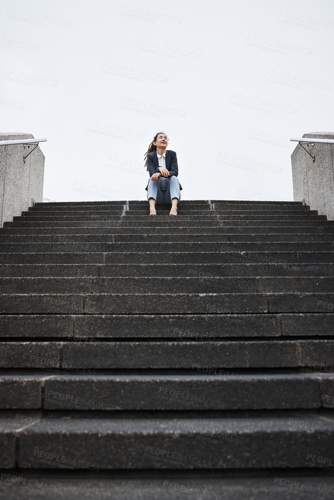 Buy stock photo Business woman, city stairs and thinking with sitting, vision and ideas for future, career and mockup space. Entrepreneur, dream and brainstorming with choice, decision and mindset from low angle