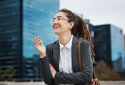 Buy stock photo Business, happy and woman in city laugh on morning commute, journey and travel in urban town. Professional, corporate worker and female person with smile excited for career, work and job in street