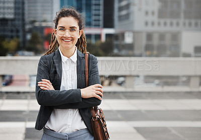 Buy stock photo Business woman, smile portrait and arms crossed outdoor,  happy from job pride as a worker. City, entrepreneur and work commute travel with professional and female person from New York in urban town