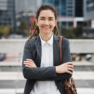 Buy stock photo Business, crossed arms and portrait of woman in city on morning commute, journey and travel. Professional, corporate worker and happy female person for career progress, work and future in urban town