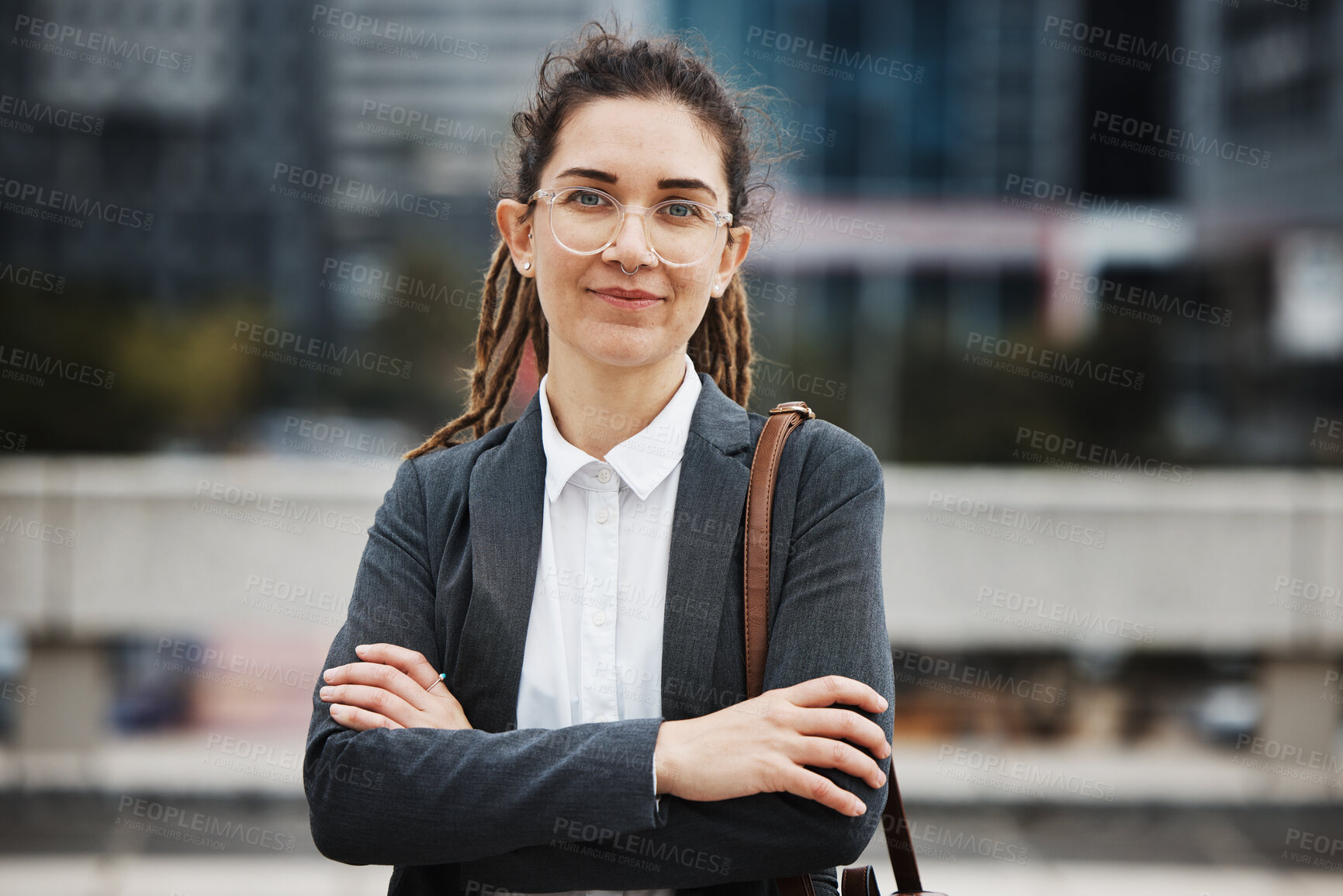 Buy stock photo Business woman, professional portrait and arms crossed outdoor with a career and creative job pride. City, entrepreneur and work commute in morning with female person from New York in urban town