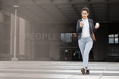 Buy stock photo Travel, phone and business woman in city walking with coffee for morning commute, journey and trip. Professional, corporate and female person on smartphone for career, work and job in urban town