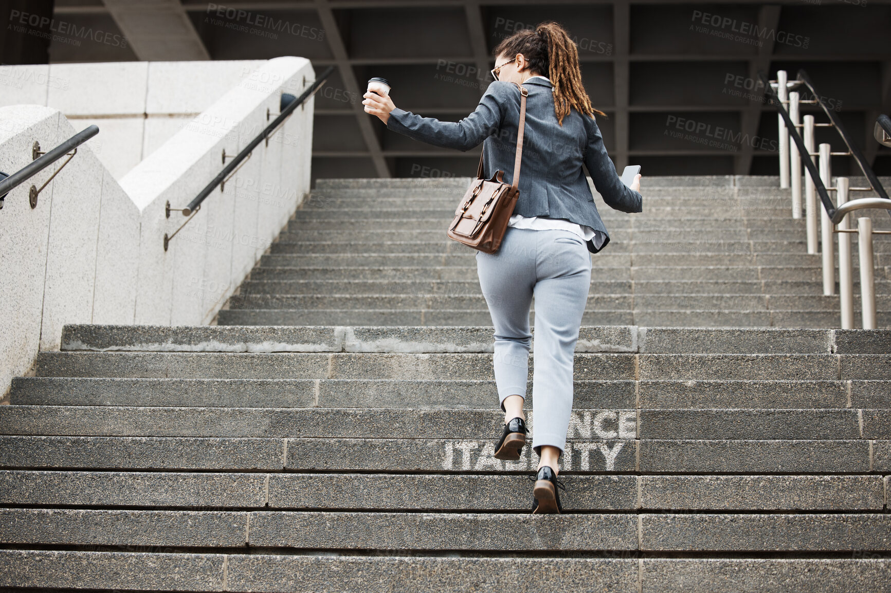 Buy stock photo Business woman, stairs and coffee break outdoor with work progress and worker in the city. Urban town, female lawyer back and company steps with job growth and professional future success in morning