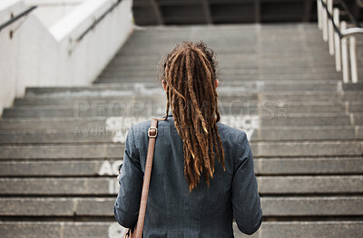 Buy stock photo Business, city and back of woman on stairs with ambition on morning commute, journey and travel. Professional growth, thinking and female person by steps for career progress, work and future in town