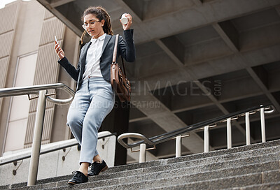 Buy stock photo Stairs, city and business woman walking, rush and hurry on travel journey, commute and running late. Schedule emergency, time management crisis and professional person leave office building staircase