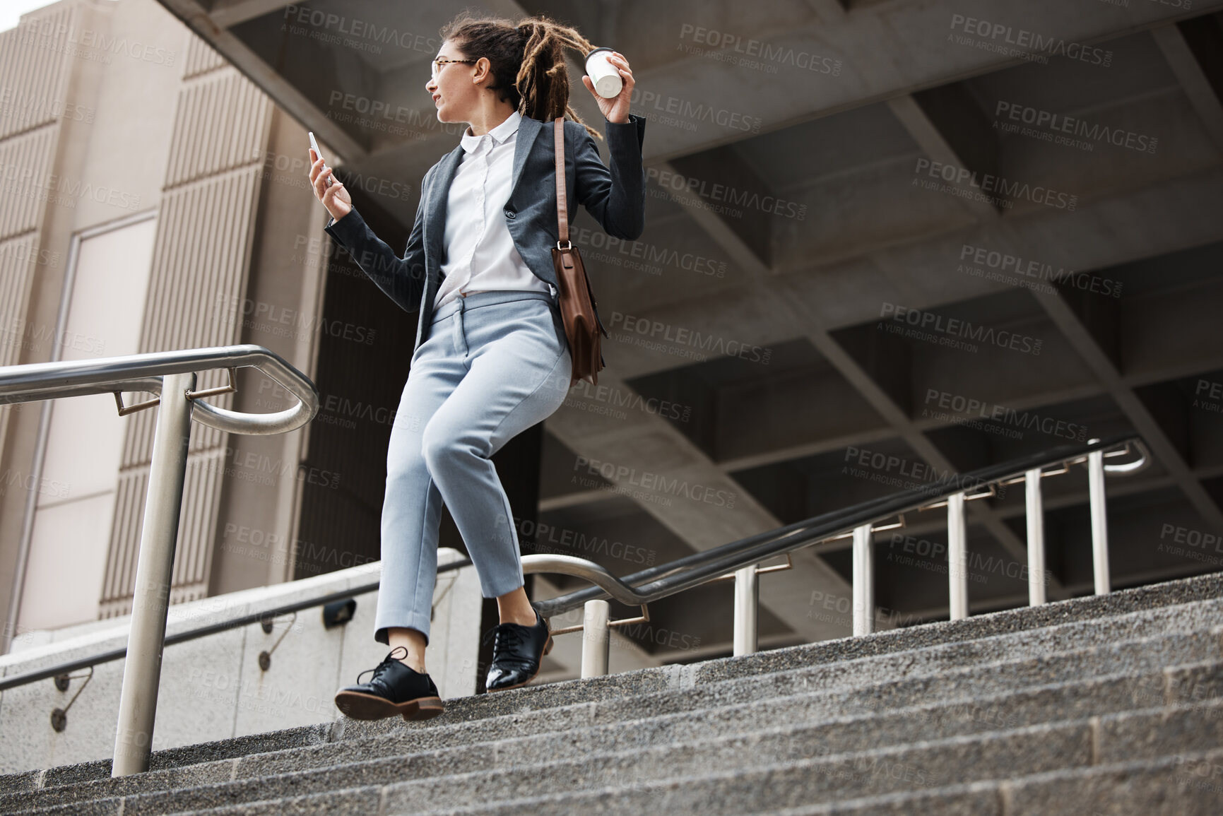 Buy stock photo Stairs, city and business woman walk, travel or using phone, schedule or check time on outdoor journey. Cellphone, work coffee break and professional person leave office building on staircase steps