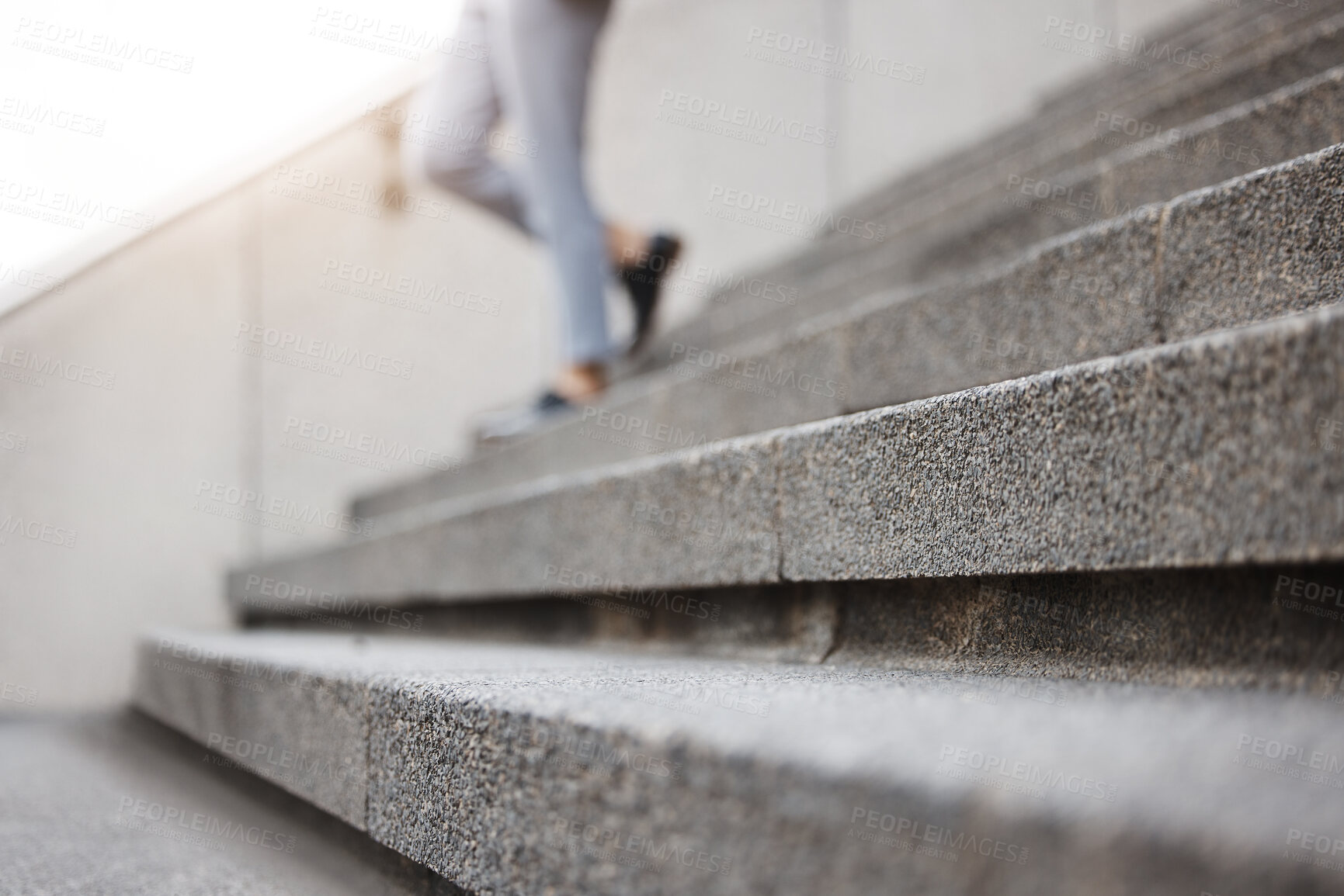 Buy stock photo Stairs, legs and city person leaving, walking or on urban journey, urban commute or trip to destination. Outdoor blur concrete cement steps and professional person departure on building staircase