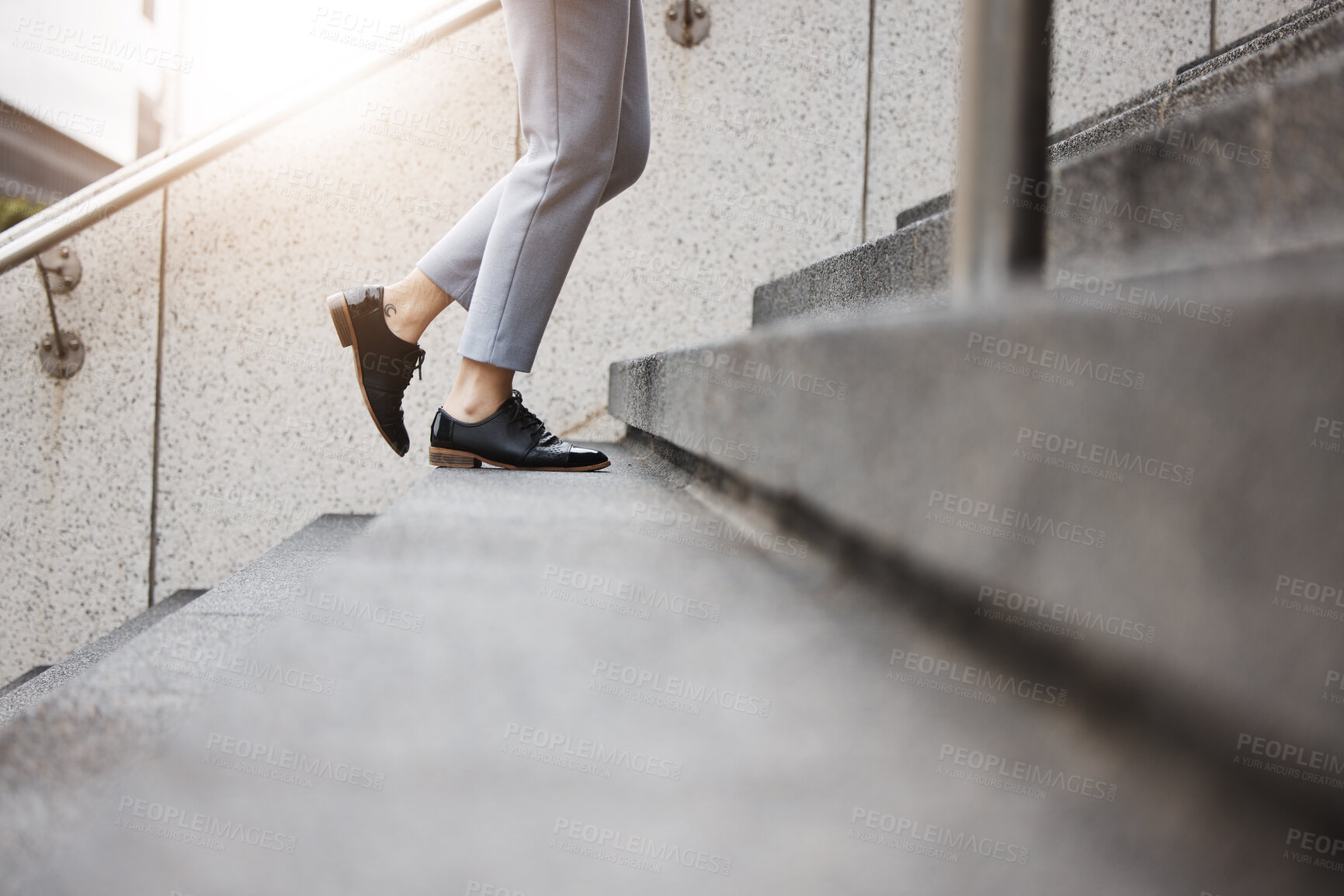 Buy stock photo Stairs, morning person and legs walk, travel or on urban journey, outdoor commute or trip to work, destination or job. Town steps, arrival and closeup shoes, feet or agent climbing building staircase