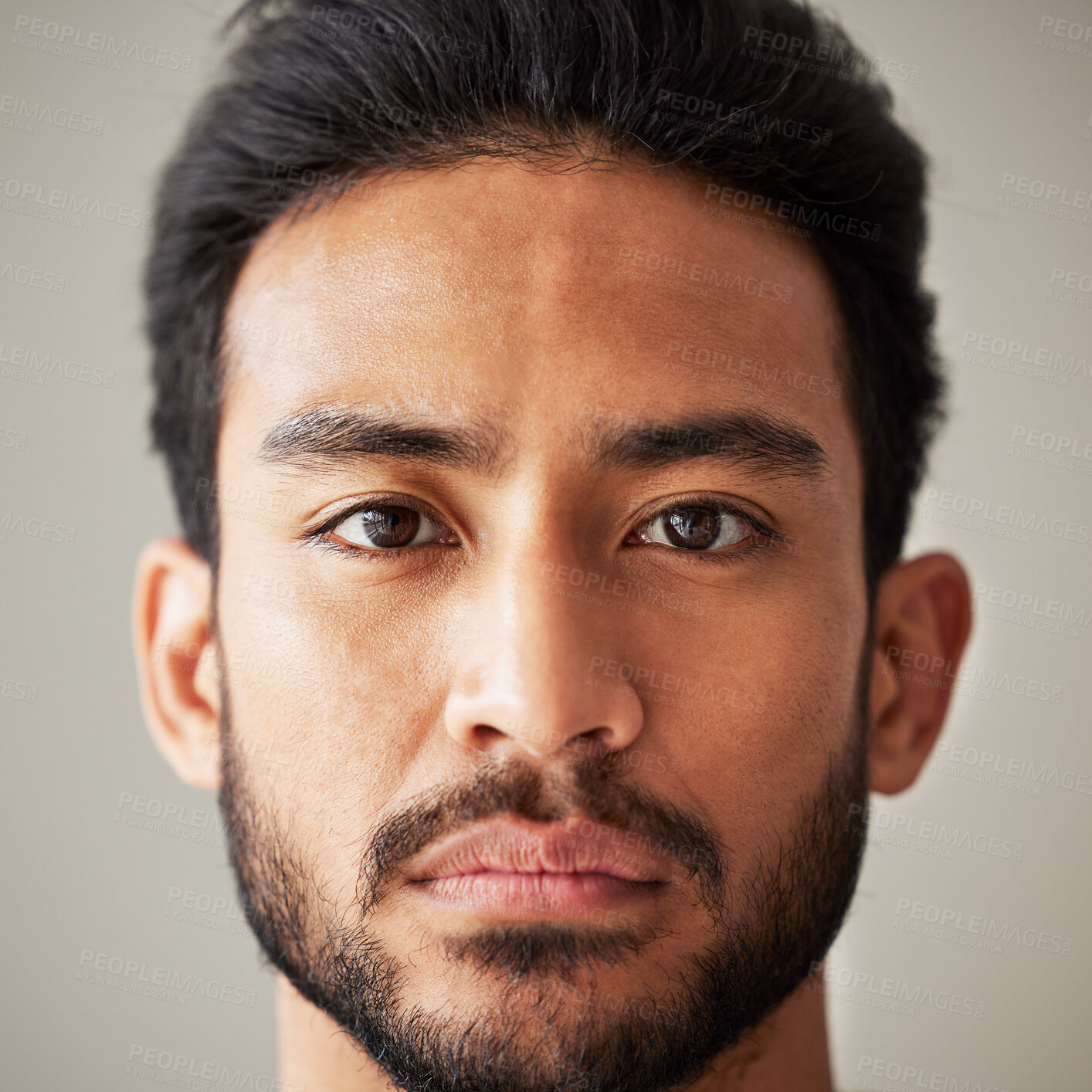 Buy stock photo Face, portrait and serious asian man in studio with focus, wellness and awareness. Headshot of a young male model isolated on a grey background with concentration, vision and  stern expression
